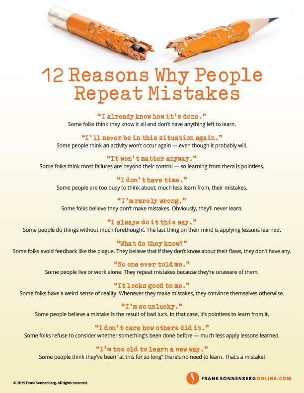 FSonnenberg's tweet image. 12 Reasons Why People Repeat Mistakes ➤ bit.ly/2nSKJH2 | by Frank Sonnenberg | @FSonnenberg #LessonLearned #Mistakes