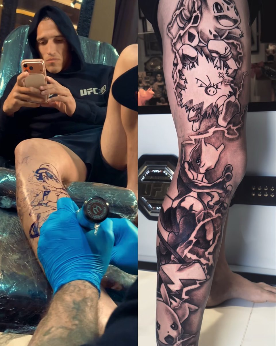 FightVaults's tweet image. Charles Oliveira just got a full Pokemon leg sleeve tattoo 👀