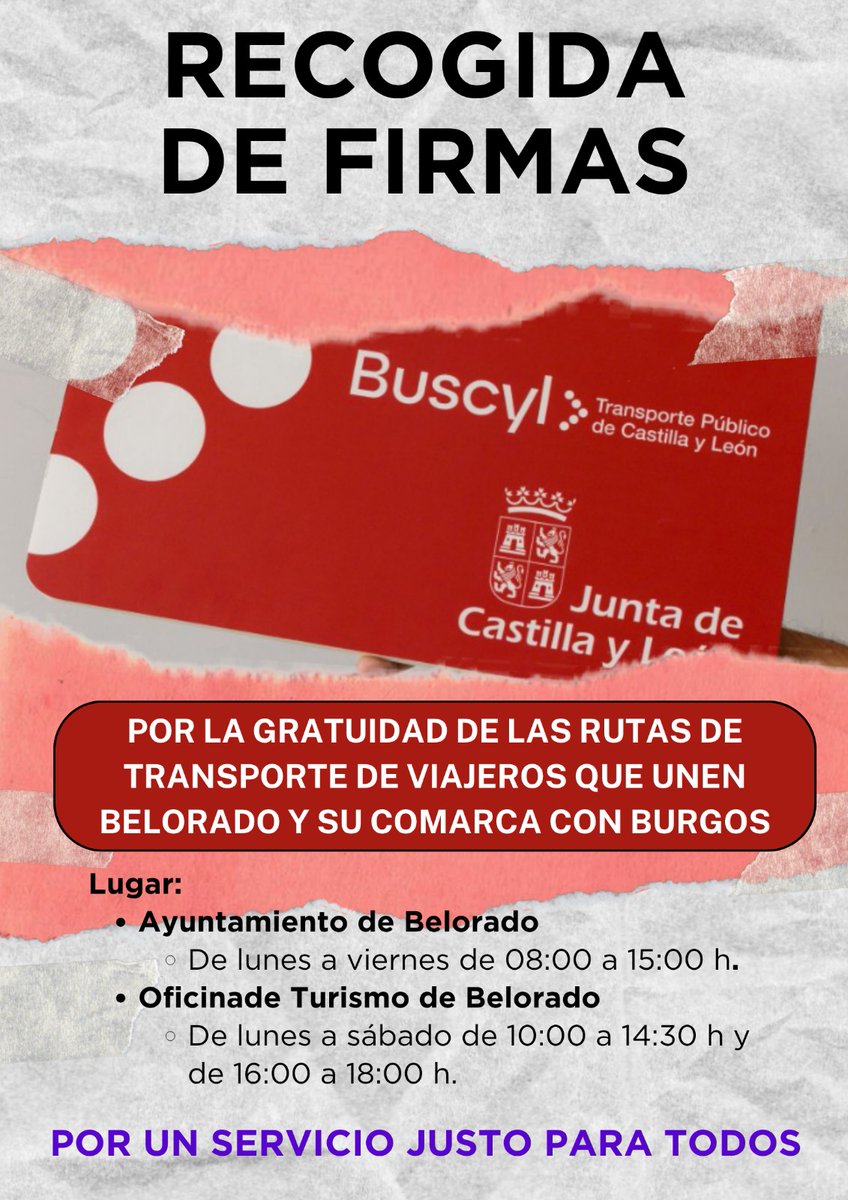 AytoBelorado's tweet photo. 📢✍️¡Seguimos recogiendo firmas!

👉Para solicitar que las lineas de autobús que unen #Belorado y comarca con #Burgos se incluyan en el servicio gratuito de #BusCyL 🚍

ℹ️Deja tu firma en el Ayuntamiento de Belorado y Oficina de Turismo

💪POR UN SERVICIO JUSTO PARA TODOS https://t.co/Nrgg5IffuF