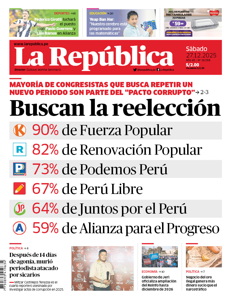 larepublica_pe's tweet photo. 🗞 ¡Buenos días! 👋 Esta es nuestra portada de hoy, sábado 27 de diciembre de 2025 📰

➡️ Recuerda que también puedes leer nuestra versión impresa aquí: https://t.co/XCr3KsOi6u https://t.co/JBcJ2yaslw
