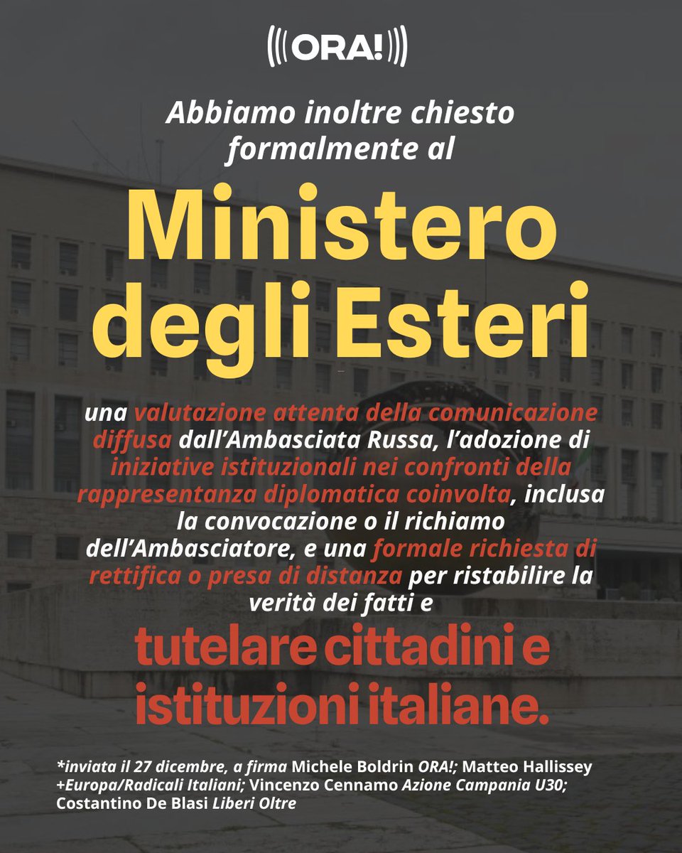 Abbiamo inviato una diffida all’Ambasciata della Federazione Russa in Italia e una lettera al Ministero degli Affari Esteri a seguito della pubblicazione di un comunicato ufficiale che attribuisce a cittadini italiani accuse gravissime e infondate in relazione agli eventi del 22