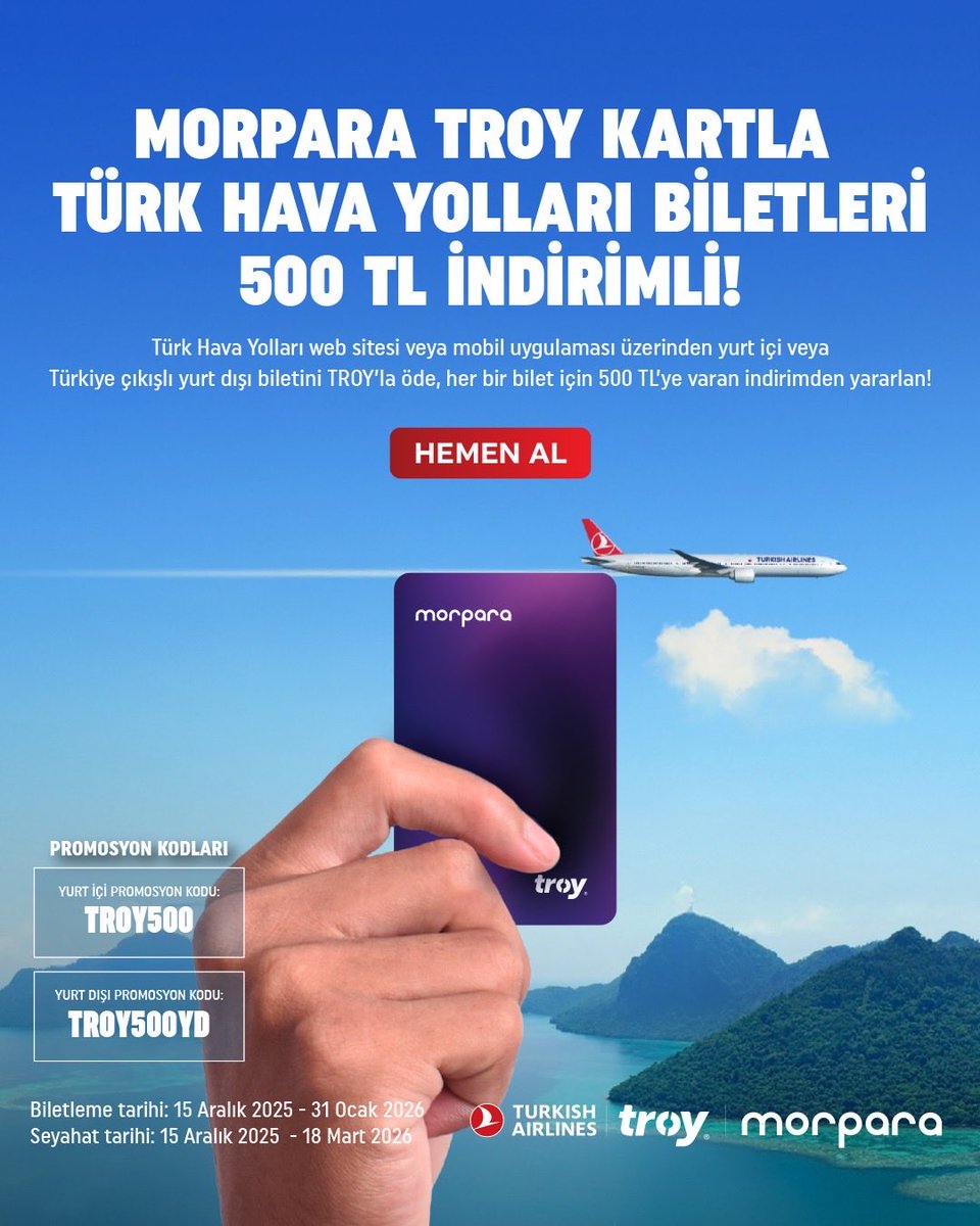 Morpara TROY Kart’la Türk Hava Yolları biletlerinde avantaj dönemi başladı! 💜
THY web sitesi veya mobil uygulaması üzerinden yurt içi ya da Türkiye çıkışlı 
yurt dışı biletini TROY ile öde, bilet başına 500 TL’ye varan indirimden yararlan.