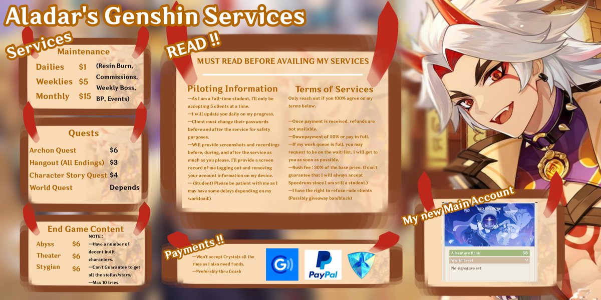 AladarZhi44721's tweet image. .𖥔 ݁ ˖── .✦ HEYYA ! 

⤷ ゛Too busy to open genshin and play your game?,,, DW I'm here to save ya day ! New Piloting Services open !! (Negotiable prices too heh) ˎˊ˗

.𖥔 ݁ ˖── .✦ DM to avail or if u got questions ˎˊ˗ 
—Likes n rt are appreciated !