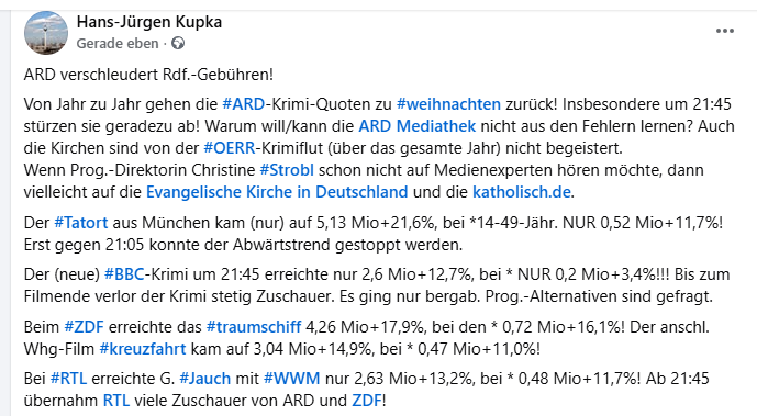 's tweet image. Zu #Weihnachten wollen immer weniger Zuschauer Krimis bei #ARD+#ZDF sehen. ... "stellt sich die Frage, ob die Programmierung der Reihe an diesem Abend aus Quotensicht wirklich besonders schlau ist", denn der #Tatort erreicht weniger Zusch. als am Sonntag.
dwdl.de/zahlenzentrale…