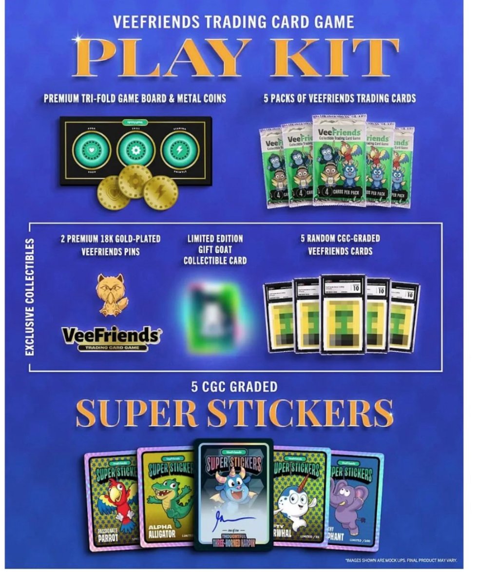 scotth42's tweet photo. Sealed Deluxe Trading Card Game Kit /555 -- $2250
- Limited Edition Gift Goat Collectible Card
-Tri-fold Game Board & Metal Coins
-Two Premium 18K Gold-Plated VeeFriends Pins
-Five CGC-Graded Super Stickers
-Five Randomized CGC-Graded VeeFriends Cards
-Five Packs of VF Trading Cards

https://t.co/uA8oj7i1fn

@veefriends
@VeeFriendsLive
@VeeFriendsCards
@VEEFAMsessions
@TheHobby247
@WatchTheBreaks
@mistirmesser
@amveecards
@Smdalal_3i
@brett_devito
@GoodGuysCollect
@SenorPantsNFT
@JWWcards
@SaugyWaffles3
@Shoeprenuer
@JCourageFIT