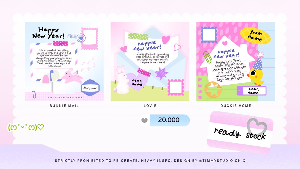 timmystudio's tweet image. Hai 💬 tolong bantu retweet ya teman-teman 💗
Timmy ready 3 template greeting cards ( kartu ucapan ) 

⭐️ canva
🍏 auto recolor
👀 only 20k/each
☝🏻 bisa request ditambah frame foto (di bagian stamp)

Bisa langsung dibeli by dm iaaa #zonauang #zonaba