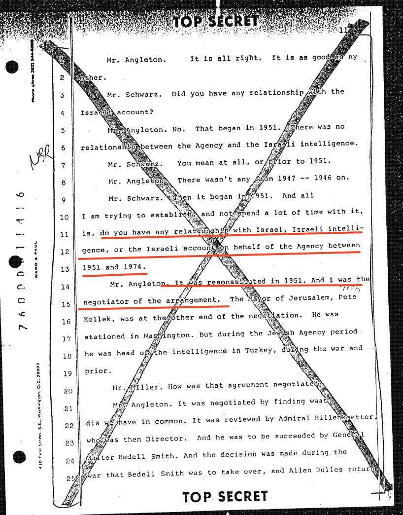 James Jesus Angleton was the main person who created the CIA-Israeli Intelligence relationship. 

He said so in sworn testimony. 

But it seems a bit sterile. For 112 pages, this discussion continued about the working relationship, that the cooperation would only be for dealing
