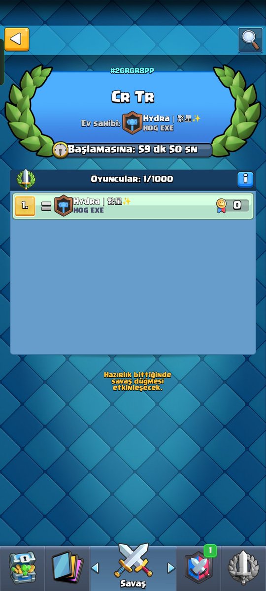 link.clashroyale.com/en/?clashroyal… 
turnuva topluluk açıklamasını yerine getirelim denemek için kısa açtım bu seferlik katılım olursa 1 saatlik açarız yarın