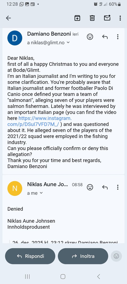 DinamoBabel's tweet image. Mi son chiesto perché nessuno si sia mai scomodato a farlo. Ho recuperato dal sito del Bodø/Glimt il contatto del loro ufficio stampa e ho scritto chiedendo conto della cosa. La risposta è stata una lapidaria smentita. Quindi, no, non c'era nessun salmonaro, caro Di Canio.