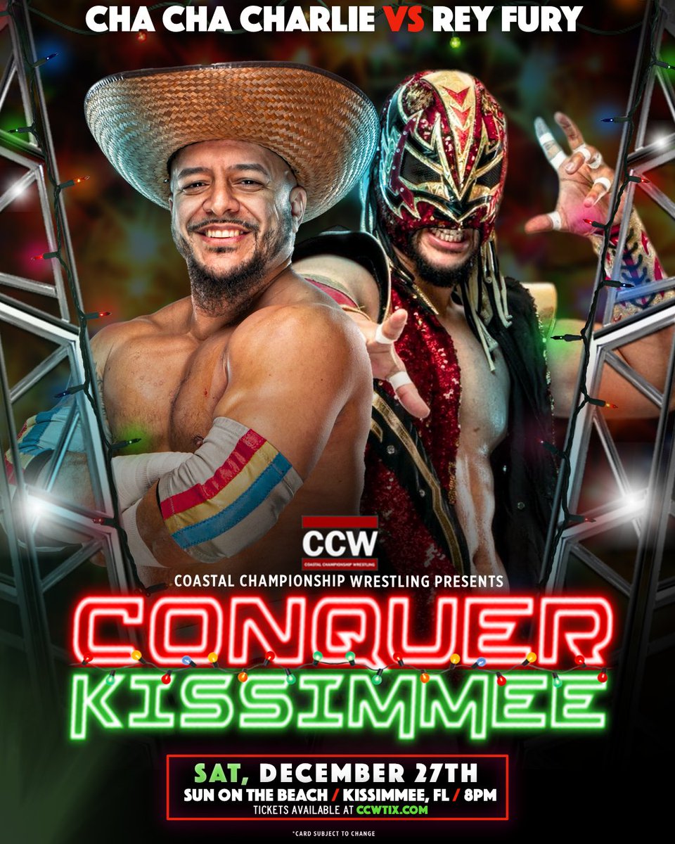 CCWAliveTV's tweet photo. TONIGHT at CCW Conquer Kissimmee 41!

Ain't No Way! @ReyFuryOfficial makes his CCW debut against one of the most popular men in The Last Territory, @ItsChaChaTime!

Don't miss it TONIGHT at 8PM! At Sun On The Beach in Old Town!
Tickets still available. Buy NOW at https://t.co/3kUMxcVZdr or at the door!