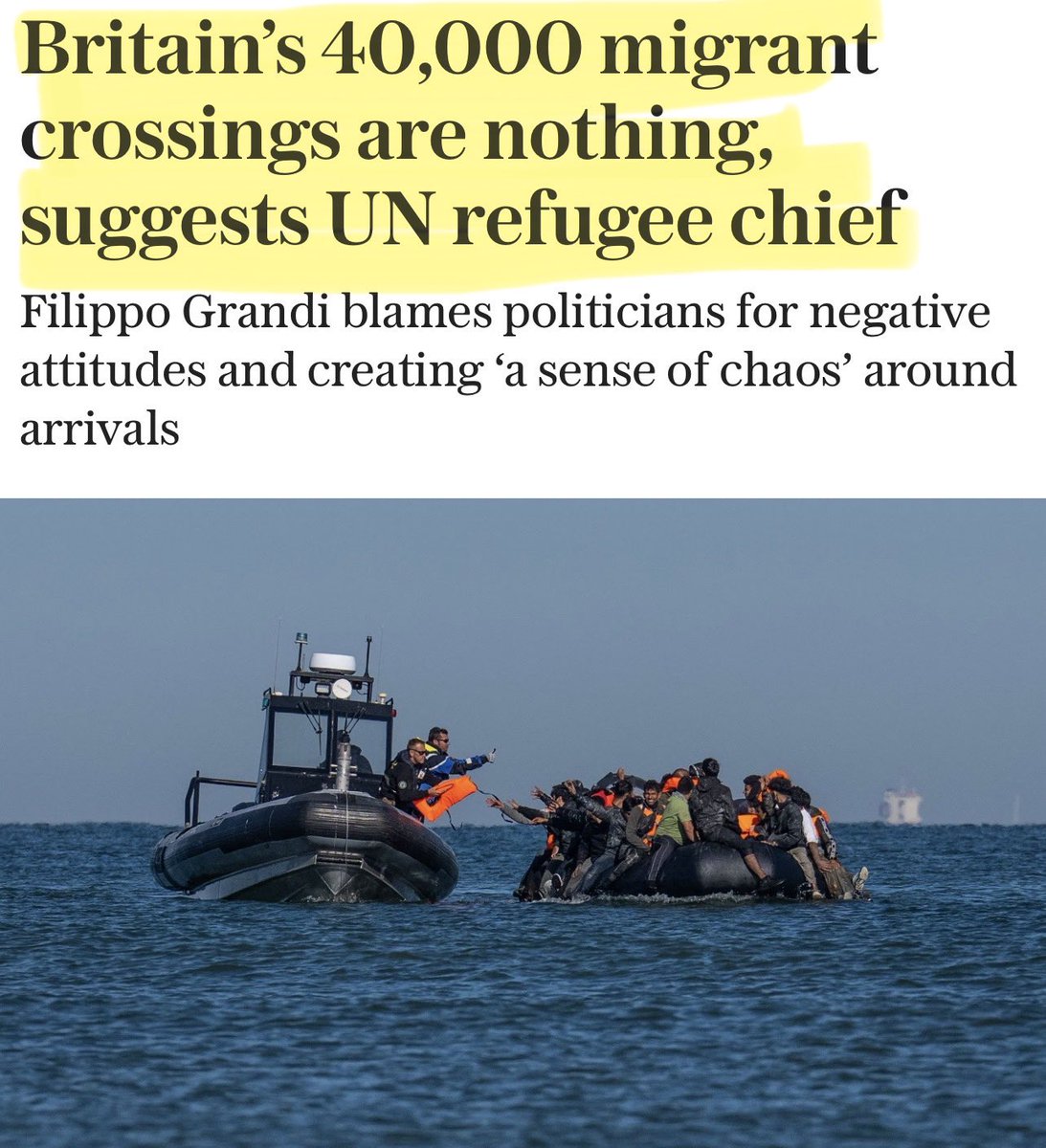 The unelected UN refugee chief says that Britain should be able to accommodate and pay for at least 40,000 illegal migrants a year.

This man pays no tax, earns more than 99% of the British public and doesn’t live here!

Defund the unelected UN 🔥