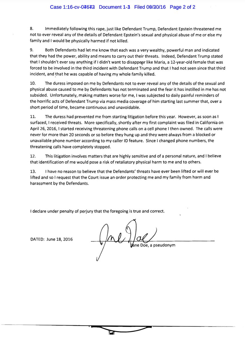 Furbeti's tweet image. Worth remembering: Donald Trump was named in a lawsuit by a 14 year-old girl who accused him and Jeffrey Epstein of repeated sexual assault.

This SDNY docket shows the case was withdrawn shortly before the 2016 election after the plaintiff reported sustained death threats.