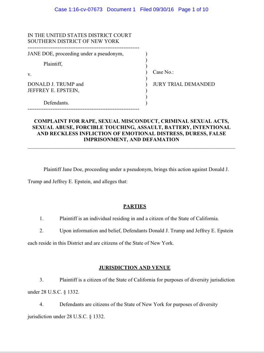 Furbeti's tweet image. Worth remembering: Donald Trump was named in a lawsuit by a 14 year-old girl who accused him and Jeffrey Epstein of repeated sexual assault.

This SDNY docket shows the case was withdrawn shortly before the 2016 election after the plaintiff reported sustained death threats.