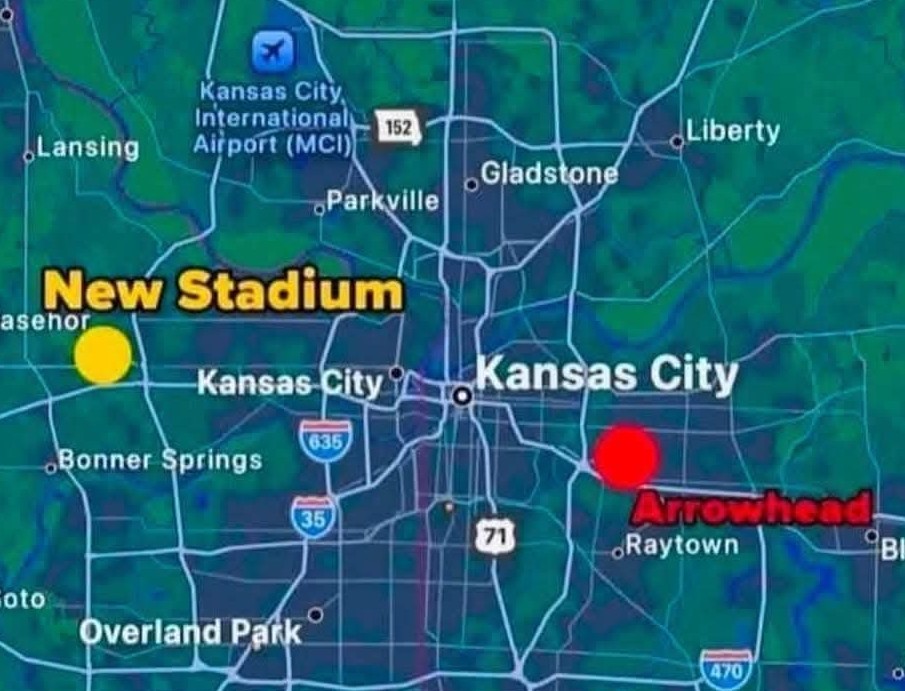 OriginalMonze's tweet image. The @Chiefs move might be confusing for those not from the area. Let me explain; the Chiefs are moving from Kansas City near I-435 and I-70, to Kansas City near I-70 and I-435.
