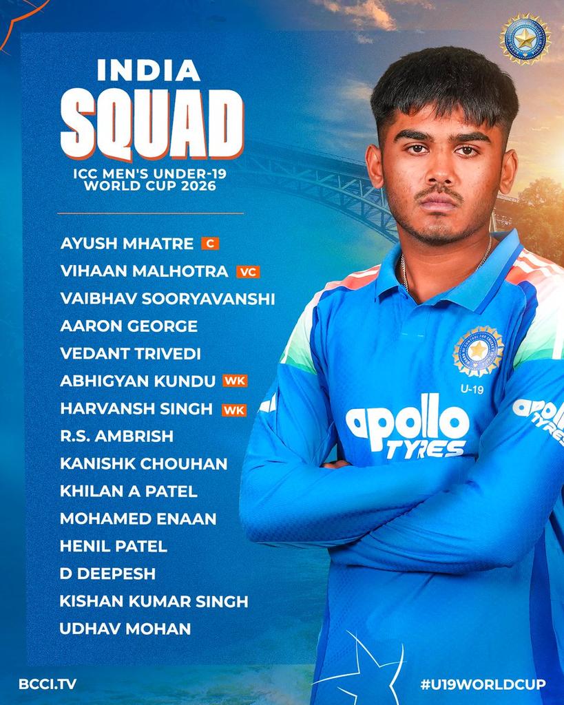 🚨 TEAM INDIA U-19 SQUAD FOR WORLD CUP 🚨

- Team India squad for the 2026 ICC Men's Under-19 World Cup in South Africa 🇮🇳🔥!

<a href="/BCCI/">BCCI</a> #BCCI #ISN29 #INDIAU19
