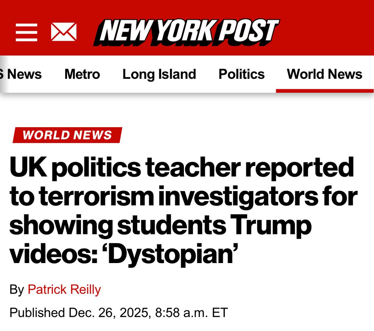 SpeechUnion's tweet image. “It’s dystopian, like something from a George Orwell novel.”

A teacher was reported to the government’s counter-terrorism programme — Prevent — as a priority case for showing his politics class videos of President Trump after he won the US election.

The teacher — who admitted…