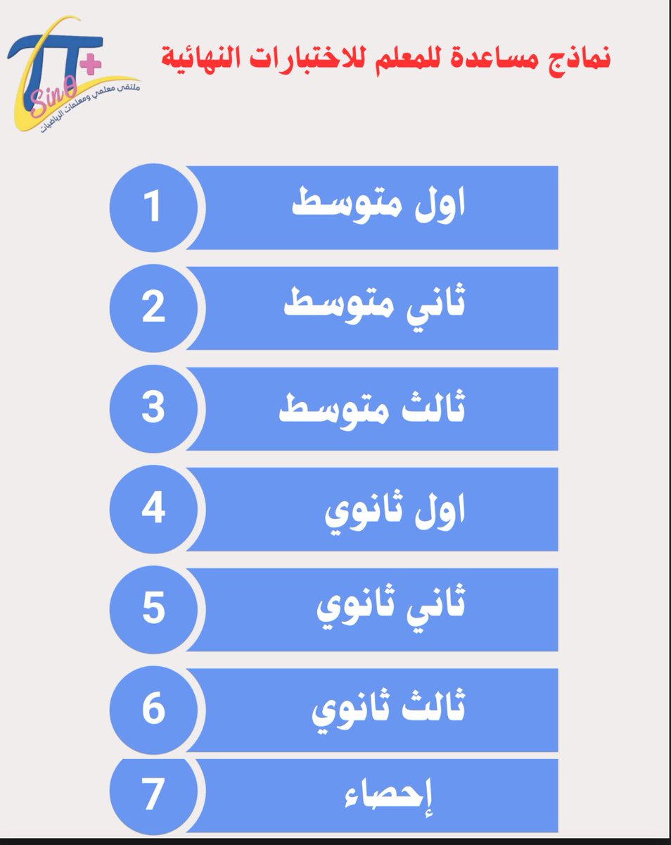 ملف ||

(نماذج مساعدة للمعلم لـ #الاختبارات_النهائية - مادة الرياضيات) 1447ﮪ.

• الملف:
drive.google.com/file/d/1ewF1pD…

* النماذج تُفيد الطلاب والطالبات في المراجعة والاستذكار بعد المذاكرة.

وتُفيد المعلمين والمعلمات في التنوّع، فأنتم أدرى بمستوى طلابكم وما يُلائم قدراتهم، وكتابة