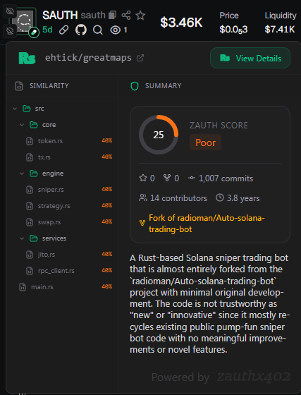 $ZAUTH is one of the best-positioned x402 projects for the upcoming season.

Not only are they filling the gap left by non-working endpoints, but at the same time, with RepoScan, they allow trenchers to trade safely through Axiom.

Really exciting to be part of such a solid