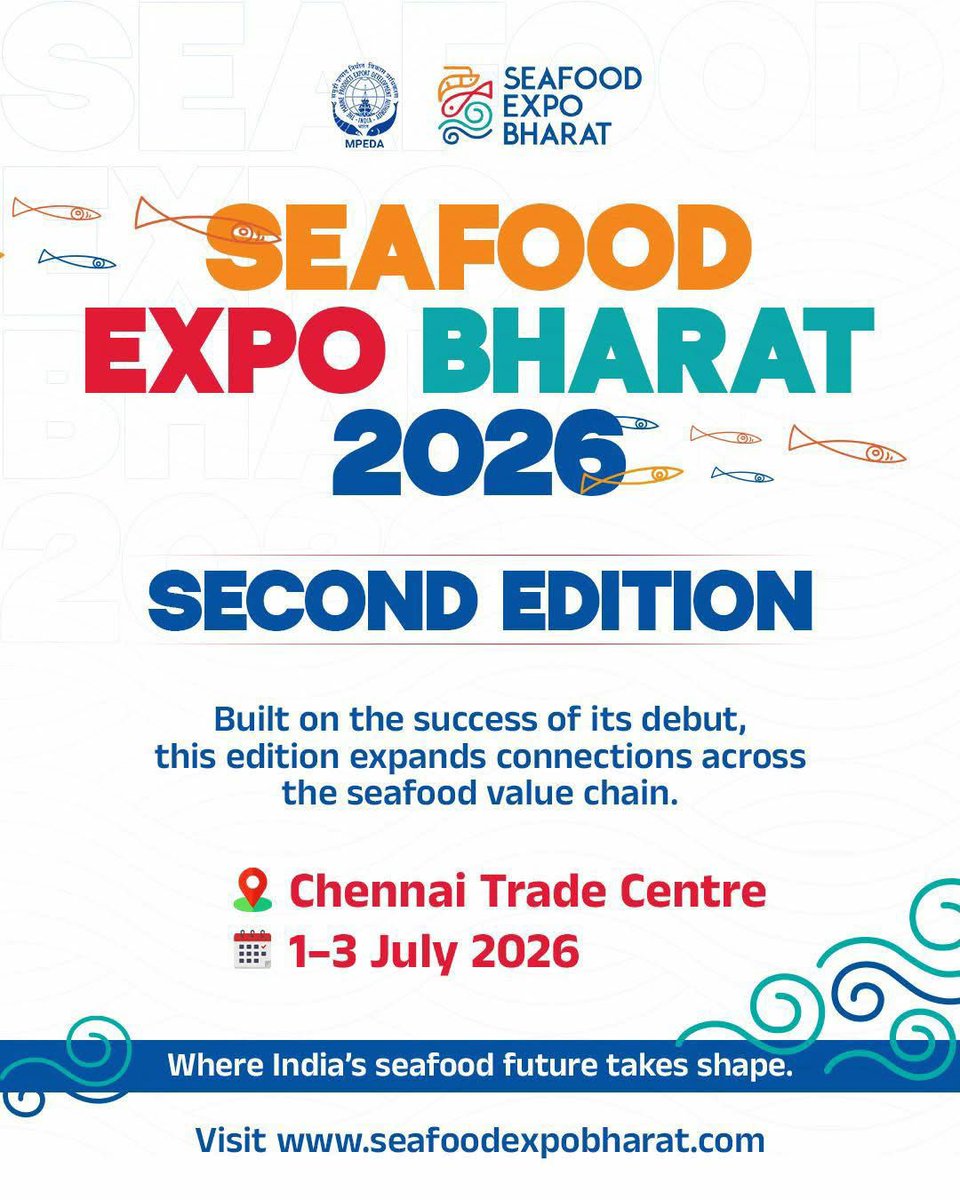 hci_pretoria's tweet image. #InvestinIndia #ViksitBharat
Seafood Expo Bharat 2026 – India’s Premier Seafood Trade Platform! Chennai Trade Centre,  India 01–03 July 2026. The Expo will feature exhibitions, B2B meetings, knowledge sessions, and buyer–seller interactions, bringing together stakeholders from