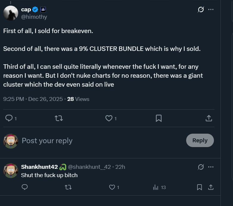 Ah, also <a href="/himothy/">cap</a> dumped $Bub at 100k🤣
Coping much?
It's karma punishing you for killing $Lilly
Dev tried to pay for treatment of his dying cat with fees, paid 1K to stabilize her and Cap nuked the coin, so they got sent home to die.
She must be dead by now. Wish you all the bad