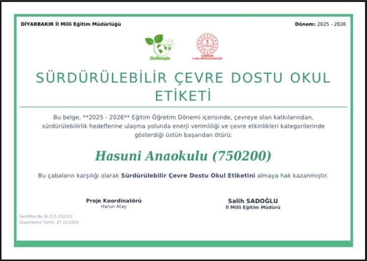 Gururla Duyuruyoruz!  Yürüttüğümüz proje kapsamında “Sürdürülebilir Çevre Dostu Okul Etiketini kazanmanın mutluluğunu yaşıyoruz! 
Bu başarıda;Özveriyle emek veren öğretmenlerimize,Doğayı sevgiyle koruyan öğrencilerimize,Süreci destekleyen idarecilerimize
yürekten teşekkür ederiz