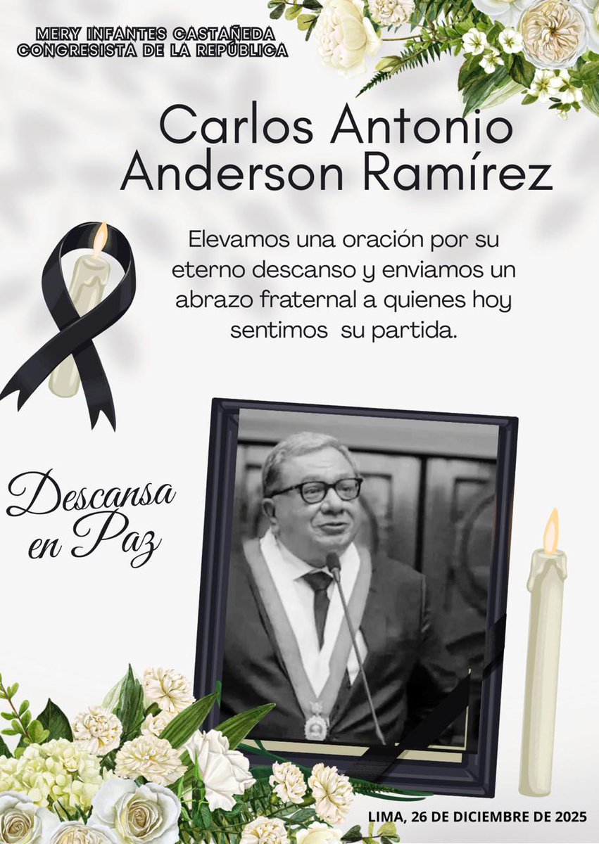 Con hondo pesar acompaño en el dolor a la familia del congresista Carlos Antonio Anderson Ramírez.Elevo una oración por su eterno descanso y pido a Dios fortaleza para sus seres queridos. Que el Señor lo reciba en su santa gloria.
