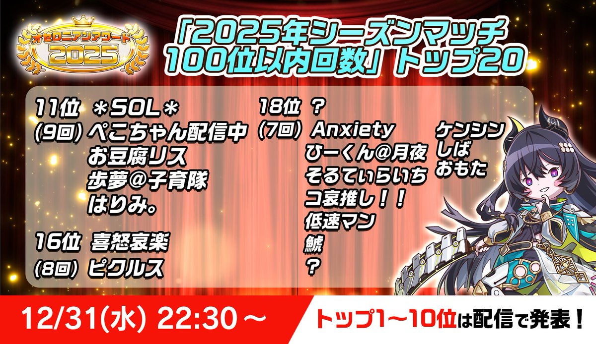 オセロニアンアワード2025 ✦✧✦✧✦✧✦✧✦✧✦✧✦✧✦ 本日は