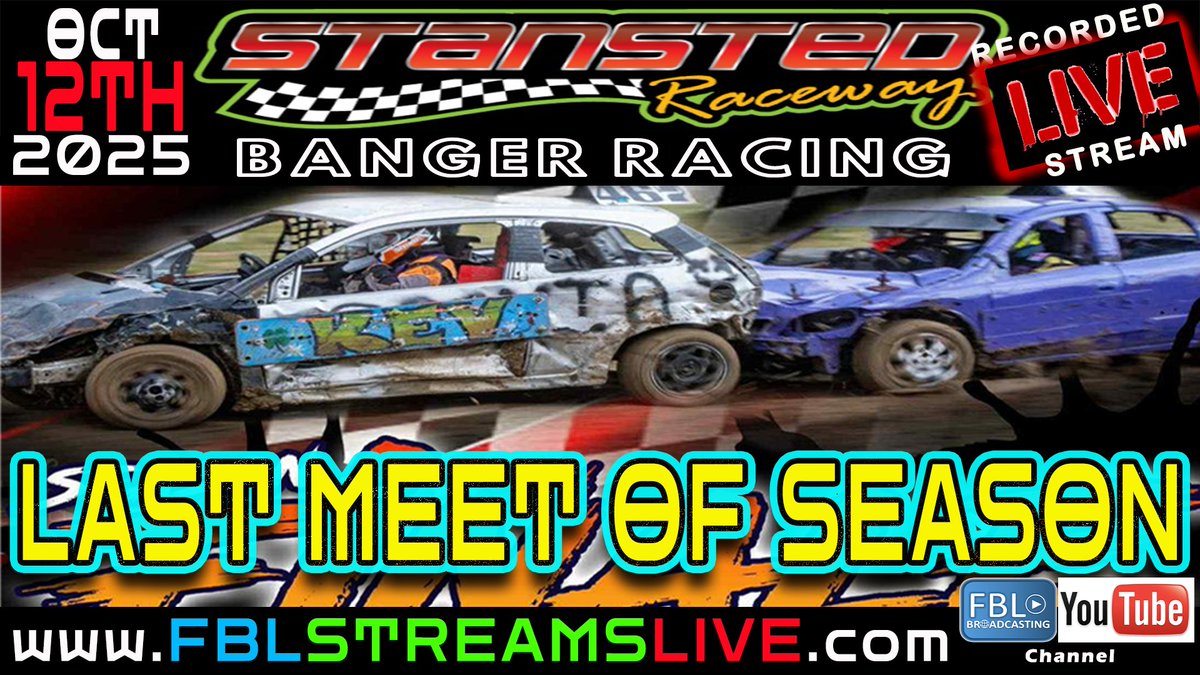 AVAILABLE TO THE PUBLIC NOW!!! STANSTED RACEWAY - BANGER RACING - RECORDED LIVE STREAM - 12th October 2025!!! The last meet of the season!! Get ready for crazy driving as many cars get taken to the scrapyard heaven. Extra Demolition Derby's. youtu.be/xsnFCP7rMOo