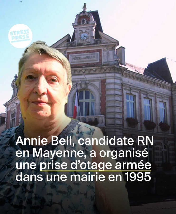 JRenardiere's tweet image. Après le terroriste RN Corse, voici la terroriste de la Mayenne candidate RN aux Législatives 2024 : Annie Bell, preneuse d'otage et candidate RN dans la 3e circonscription de la Mayenne. 
francebleu.fr/infos/politiqu…