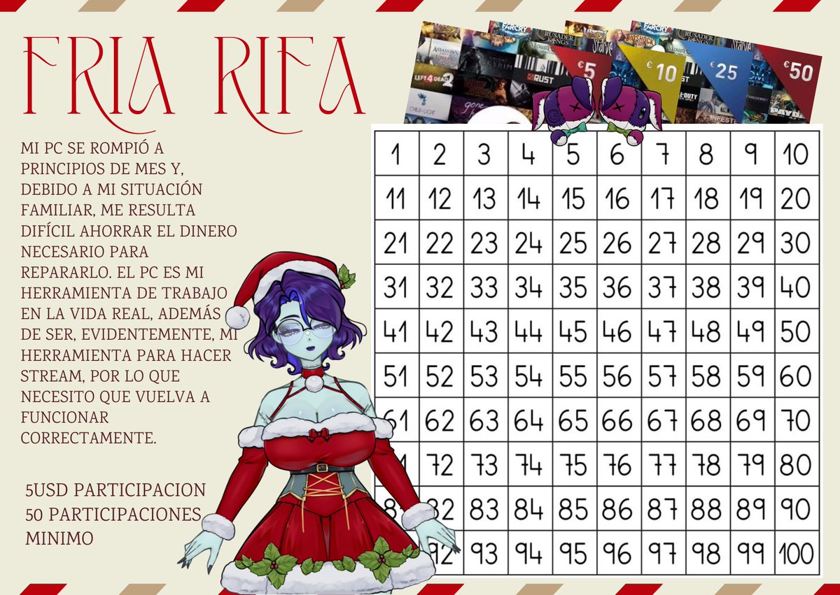 Nuls_227's tweet image. Fria Rifa

El objetivo de la rifa es conseguir fondos para mi pc.

Cada numerito son 5 dólares, necesitaría como mínimo vender 50 numeritos para que esto sea posible.

Si pasamos de los 50 iré añadiendo mas tarjetitas de steam.

ko-fi.com/nuls227