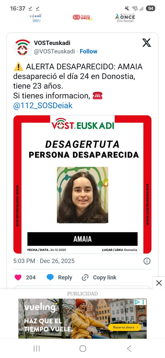 ongimedia's tweet photo. DESAPARECIDA EN DONOSTI. https://t.co/LPxVLMUEQy