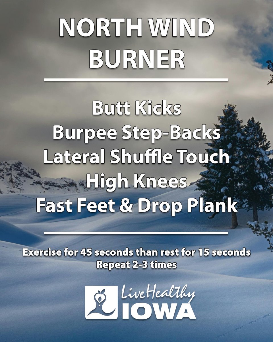 livehealthyiowa's tweet image. 🌬️🔥 Try out the North Wind Burner Workout and get yourself moving! 🏋️‍♀️💪 Warm up, burn calories, and crush your goals — even when the wind is fierce! ❄️💥

#LiveHealthyIowa #NorthWindBurner #FullBodyWorkout #FitnessMotivation #GetMoving #WorkoutChallenge #TrainHard #BurnCalories