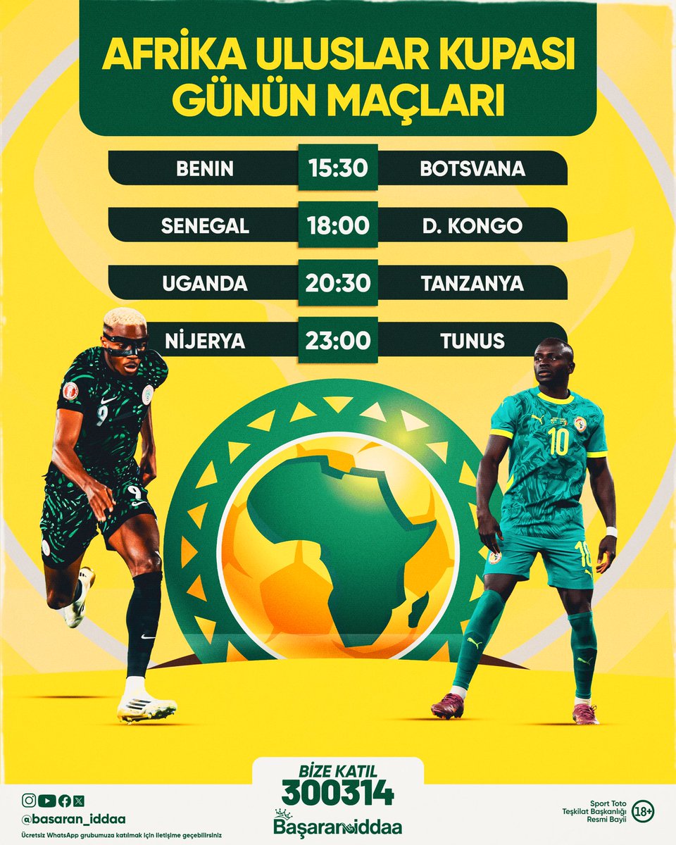 🇧🇯 - 🇧🇼 
🇸🇳 - 🇨🇩 
🇺🇬 - 🇹🇿 
🇳🇬 - 🇹🇳 

Afrika Uluslar Kupası heyecanı iddaa.com’da yaşanıyor!

Bu heyecana ortak olmak için 📱 iddaa.com uygulamasını indir!