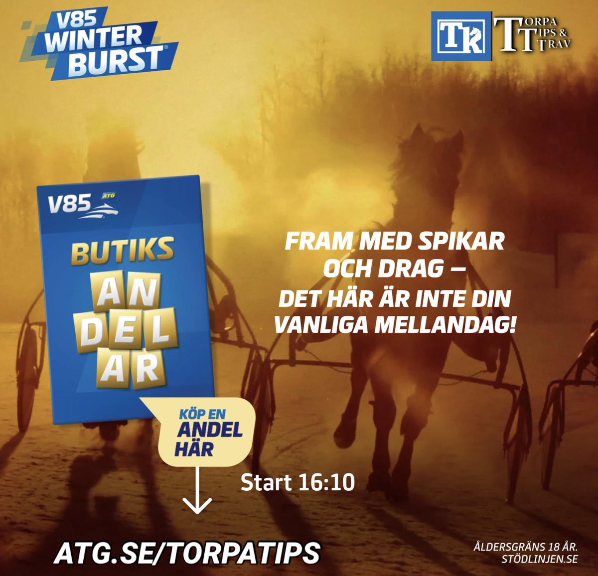 𝐅𝐈𝐍𝐀 𝐓𝐑𝐀̈𝐅𝐅𝐀𝐑 𝐏𝐀̊ 𝐕𝟖𝟓 𝐈 𝐆𝐀̊𝐑 𝐈𝐆𝐄𝐍 - 𝐈 𝐃𝐀𝐆 𝐆𝐀̊𝐑 𝐕𝐈 𝐅𝐎̈𝐑 𝐌𝐄𝐑 💰

Vi har börjat Winter Burst starkt 🔥✅

I dag är det Gävletravet 🐴

⏰ 𝐒𝐩𝐞𝐥𝐬𝐭𝐨𝐩𝐩: 𝟏𝟔.𝟏𝟎 

Här finns ALLA våra spel: atg.se/torpatips/V85_…
