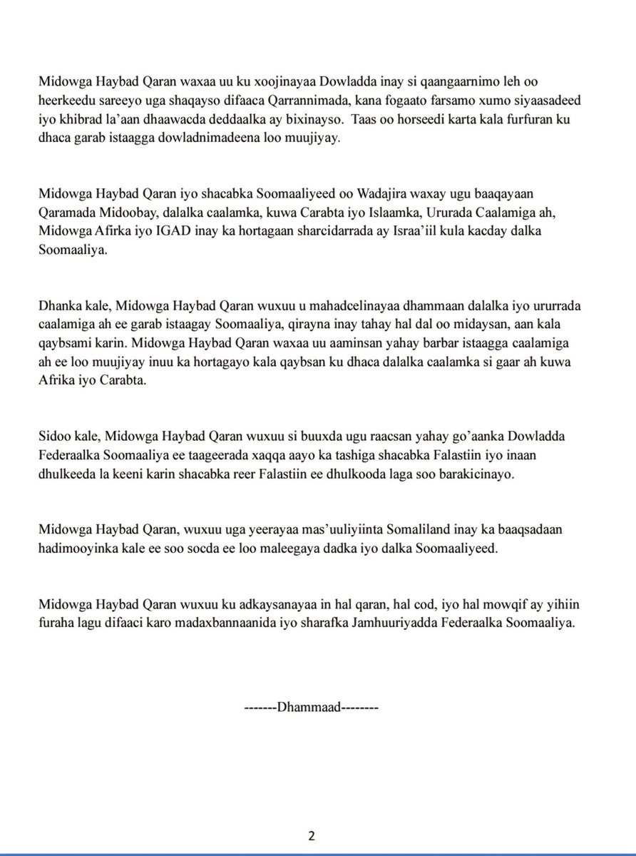 Midnimada iyo madaxbanaanida dhuleed iyo dadeed ee Soomaaliya waa arin aan laga gorgortami karin, waana in dhamaanteen muxaafid iyo mucaarad aan meel iga soo wada jeesana difaaca Qarinimada.