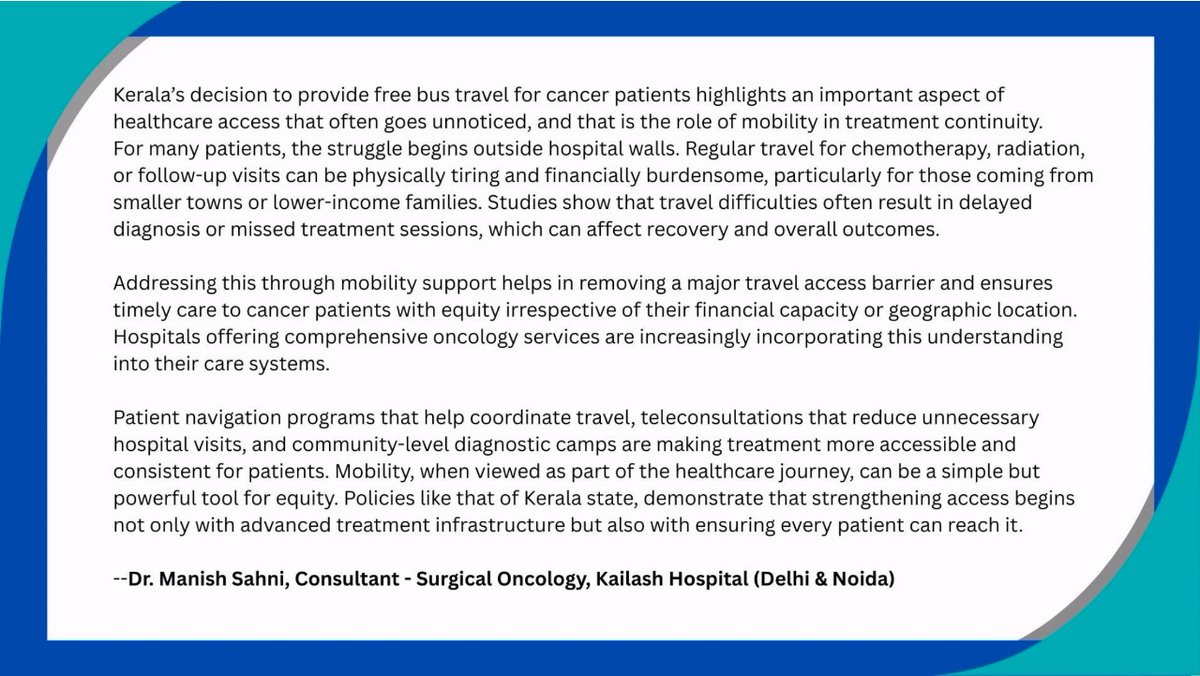Our Oncosurgeon, Dr. Manish Sahni, shares insightful perspectives on a transformative initiative in Kerala where travel meets treatment. By providing #freeKSRTCbusrides to #Cancerpatients, the state is effectively removing transport barriers and easing the immense burden of