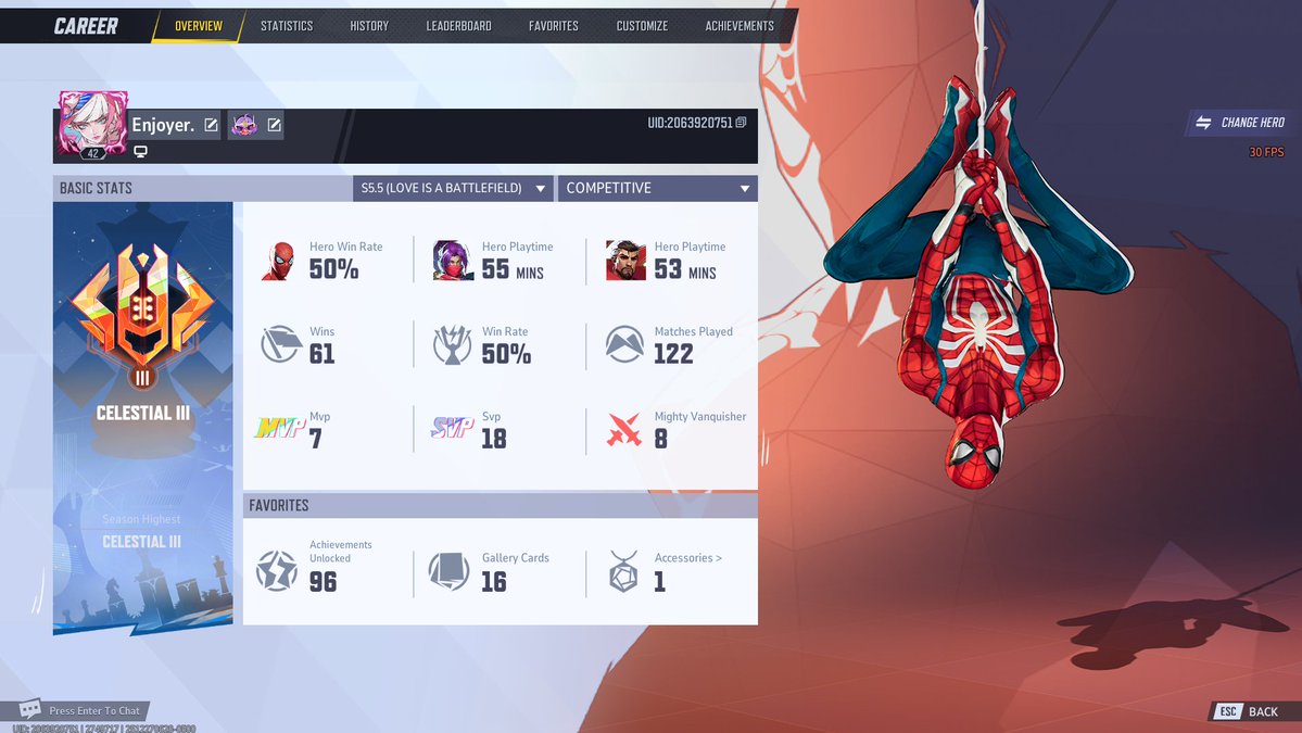 looljonny's tweet image. I'm officially a celestial spidey otp.. on my 2nd account tho sadly... had a terrible start to the season but turned it around. (any other character playtime is either because spidey was banned or sniped)