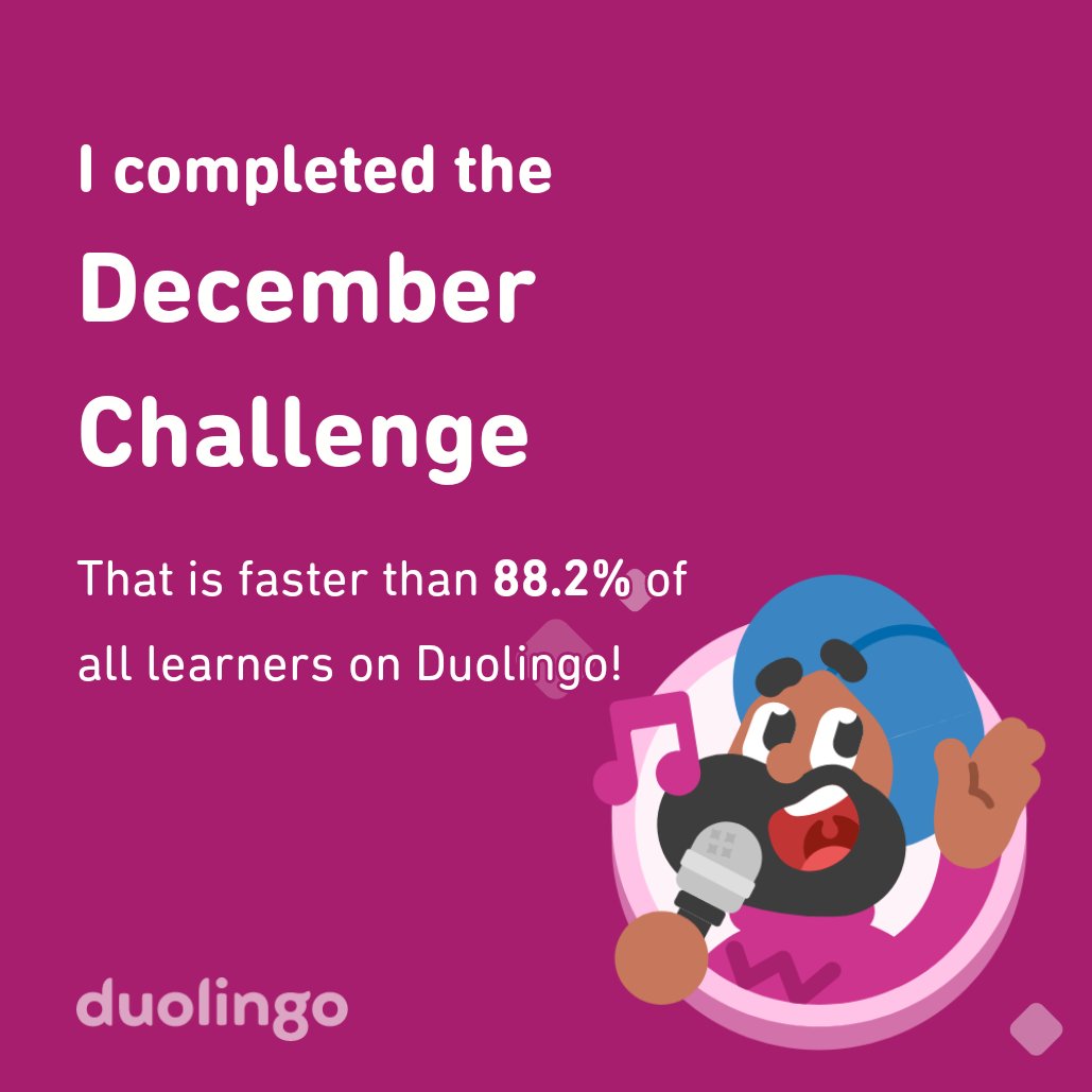 andien89's tweet photo. I completed the December challenge faster than 88.2% of all learners on Duolingo! https://t.co/jdqWsiE0ga