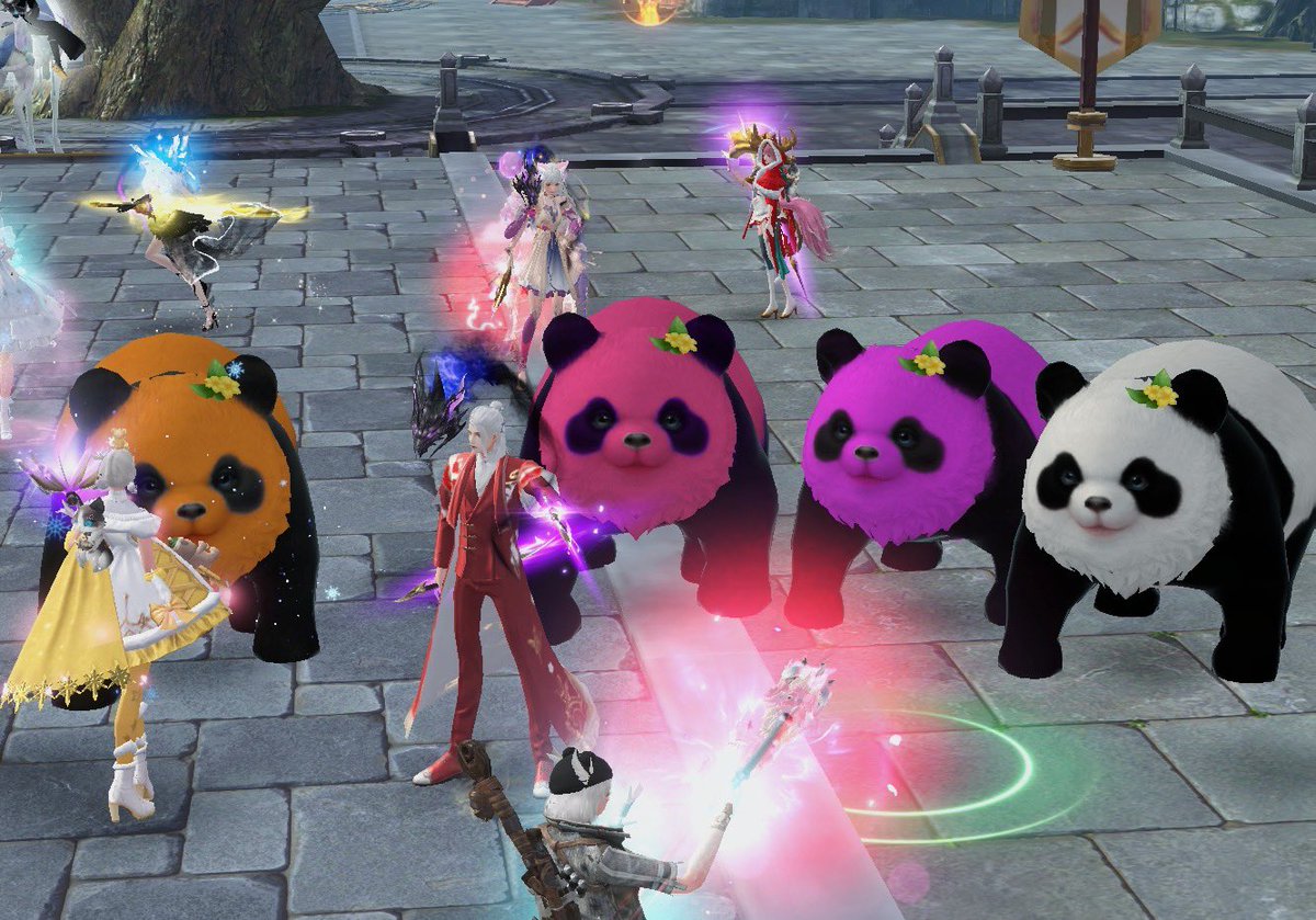 hachiloverie's tweet photo. 領土前のギルドの癒やしたち～🐼

領土中に庭先から「い～し～や～き～いも～」聞こえたから走って買いに行ったら領土終わってて泣いた😭
#パーフェクトワールド 
#パワモバ https://t.co/TFiGUO2mCx