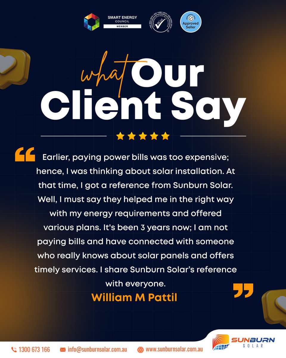 SunburnSolar's tweet image. Our clients are our real treasure. We take it as our responsibility to analyse their #energyrequirements &amp;amp; offer #solarpanelpackages accordingly. Want to analyse your energy requirements? Contact us today for free quote visit: sunburnsolar.com.au

#testimonial #happycustomer