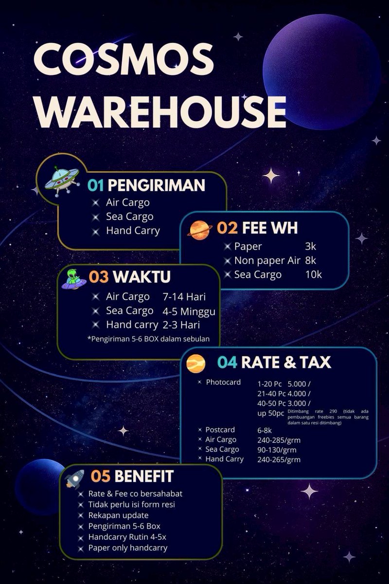 cosmoswh_yoyo's tweet photo. 💥 COSMOS WAREHOUSE 💥

🇨🇳 Anhui, Jiangsu | 🇲🇨 Bekasi

🛸Photocard only selalu HC
🛸Handcarry rutin kedua alamat
🛸Gaperlu repot isi form resi
🛸Free vidio unbox
🛸Foto arr di jejer
🛸Pengiriman HC, AIR, SEA
🛸Bisa vakum
🛸Pengiriman 6-7 box dalam sebulan https://t.co/HHZhLSrA6z