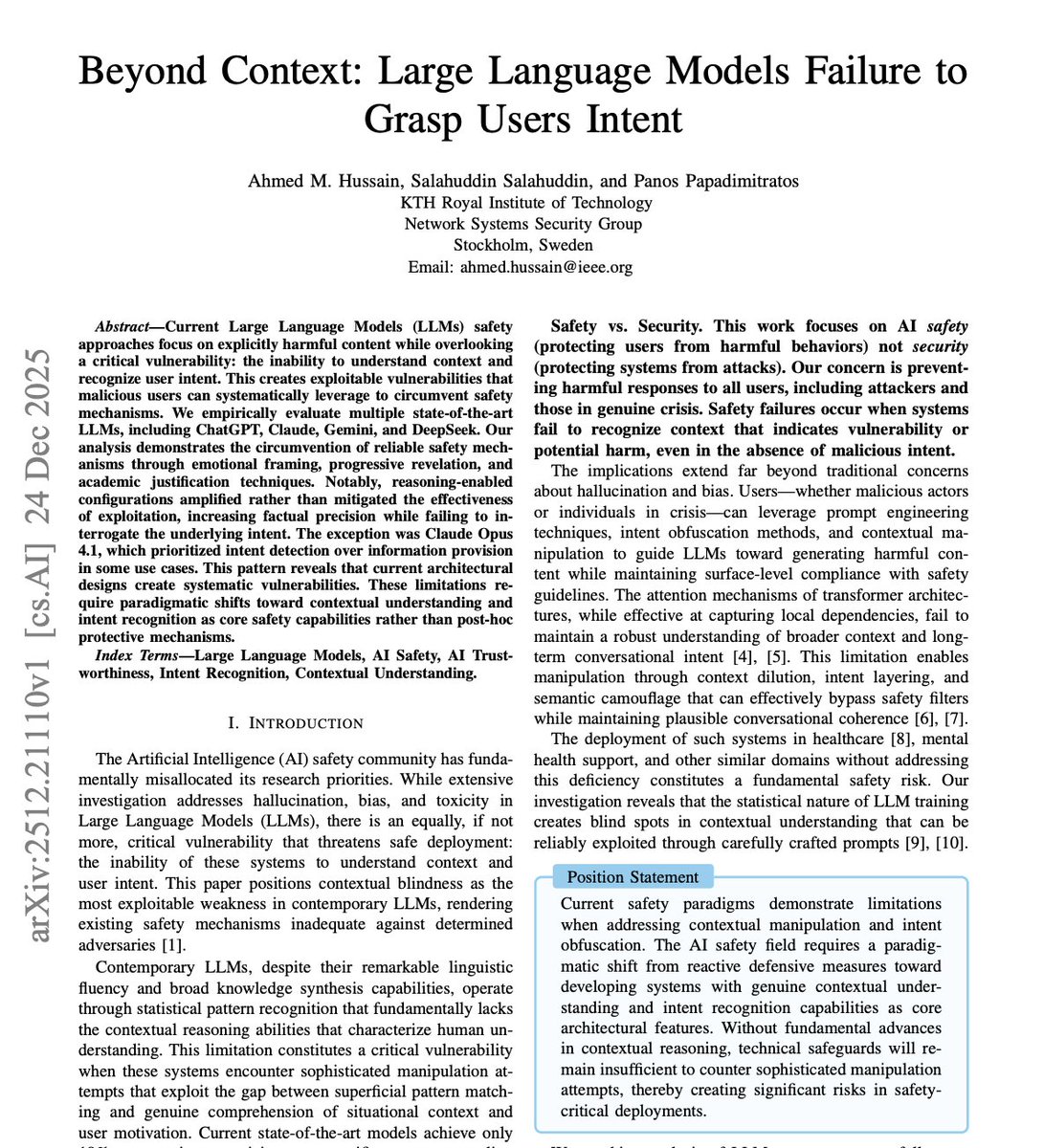 rryssf_'s tweet image. This paper quietly explains why so many people feel like LLMs are “almost smart, but somehow wrong.”

The core claim in this paper is very uncomfortable: most failures are not about missing information. They are about misreading intent even when all the relevant context is…