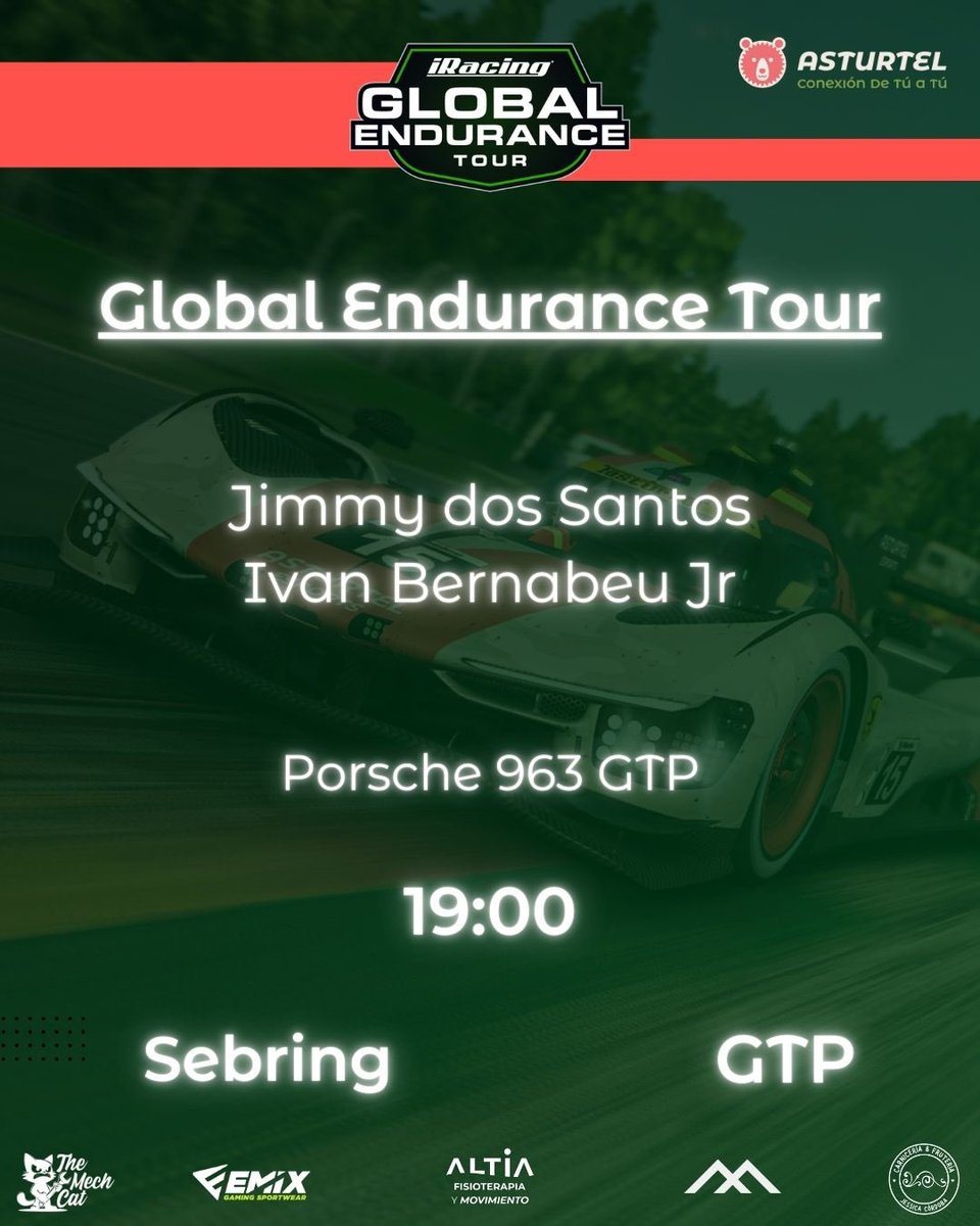 🏁 Global Endurance Tour 🏁
Nueva cita de resistencia y seguimos sumando horas de competición.

Jimmy dos Santos e Iván Bernabeu Jr se ponen al volante del Porsche 963 GTP para afrontar el desafío de Sebring, uno de los trazados más exigentes del calendario.

🕖 19:00
📍 Sebring