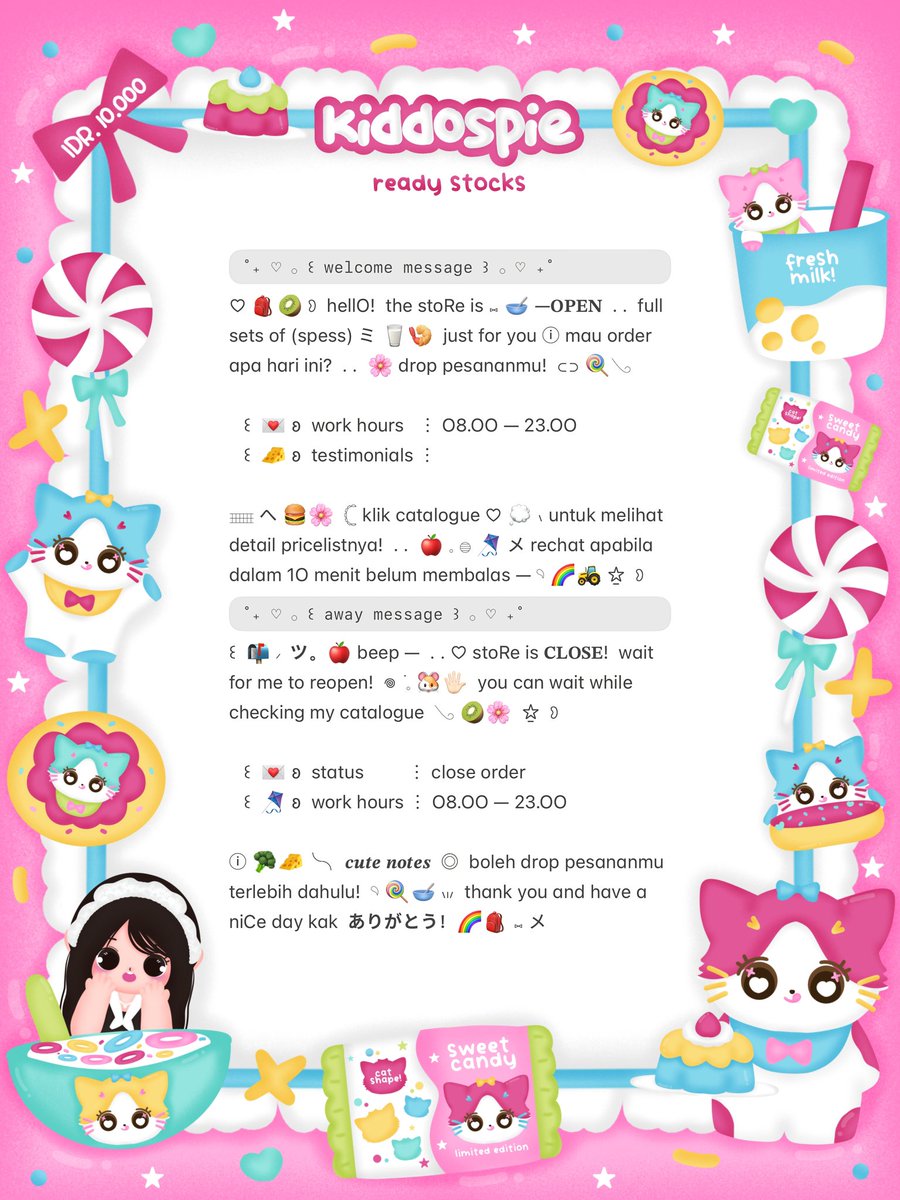 kiddospie's tweet image. ⠀
⸝⸝ ꕤ  𓈄 𓈒  help rt? thank you! ☘️

💭  ☆̲ ◞ₓ˚ 🥣 halo teman—timun!  𓏲 ﾟ。。𖢷 sherina bawain bundle wording welcome &amp;amp; away ready stOck! 🧁🌸 ⊂⊃ dengan harga ◎ IDR. 10.000 only ៶៲៸ ⓘ 👛 dm me or reply if you want!  ✋🏻 𖠗 ៸ 🍭🎀 

៸៸ 💌 യ #zonauang #zonaba ꒱