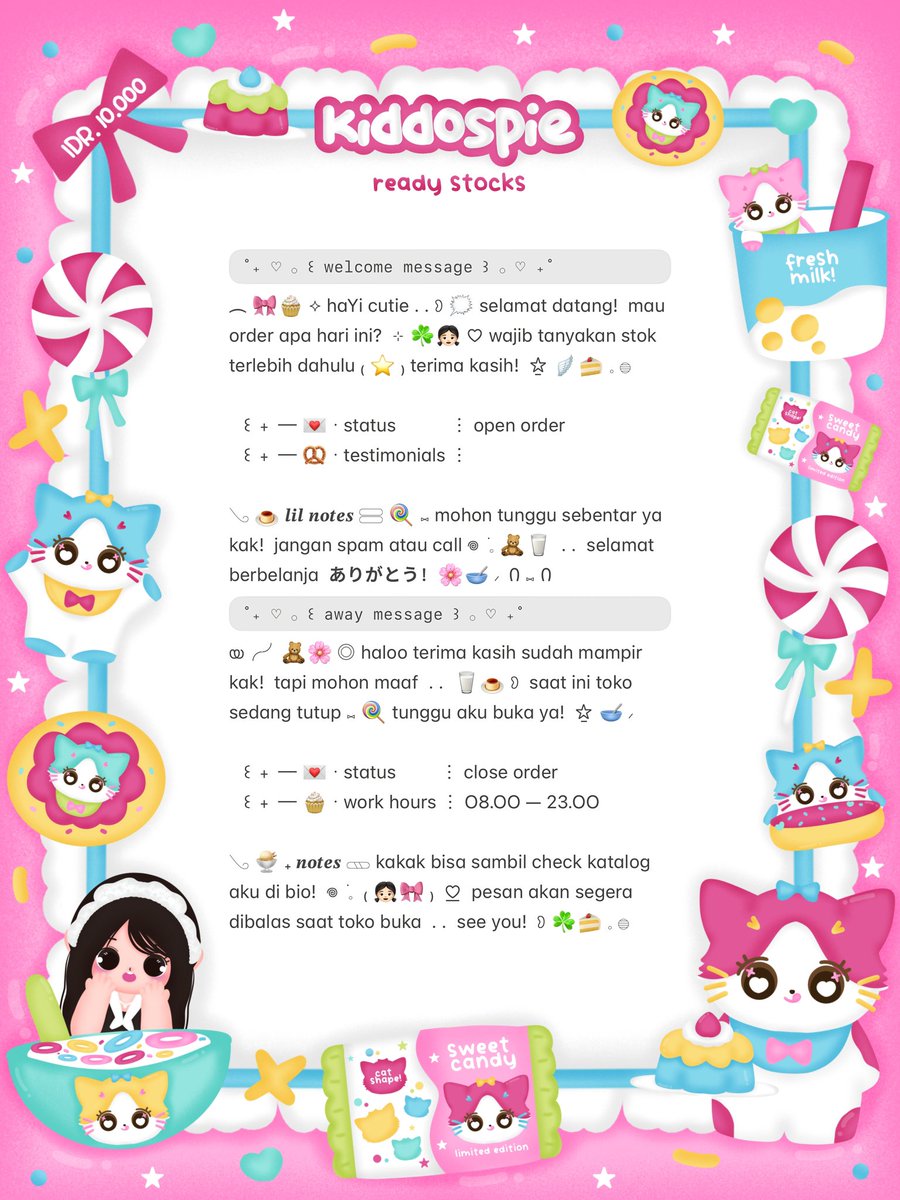 kiddospie's tweet image. ⠀
⸝⸝ ꕤ  𓈄 𓈒  help rt? thank you! ☘️

💭  ☆̲ ◞ₓ˚ 🥣 halo teman—timun!  𓏲 ﾟ。。𖢷 sherina bawain bundle wording welcome &amp;amp; away ready stOck! 🧁🌸 ⊂⊃ dengan harga ◎ IDR. 10.000 only ៶៲៸ ⓘ 👛 dm me or reply if you want!  ✋🏻 𖠗 ៸ 🍭🎀 

៸៸ 💌 യ #zonauang #zonaba ꒱