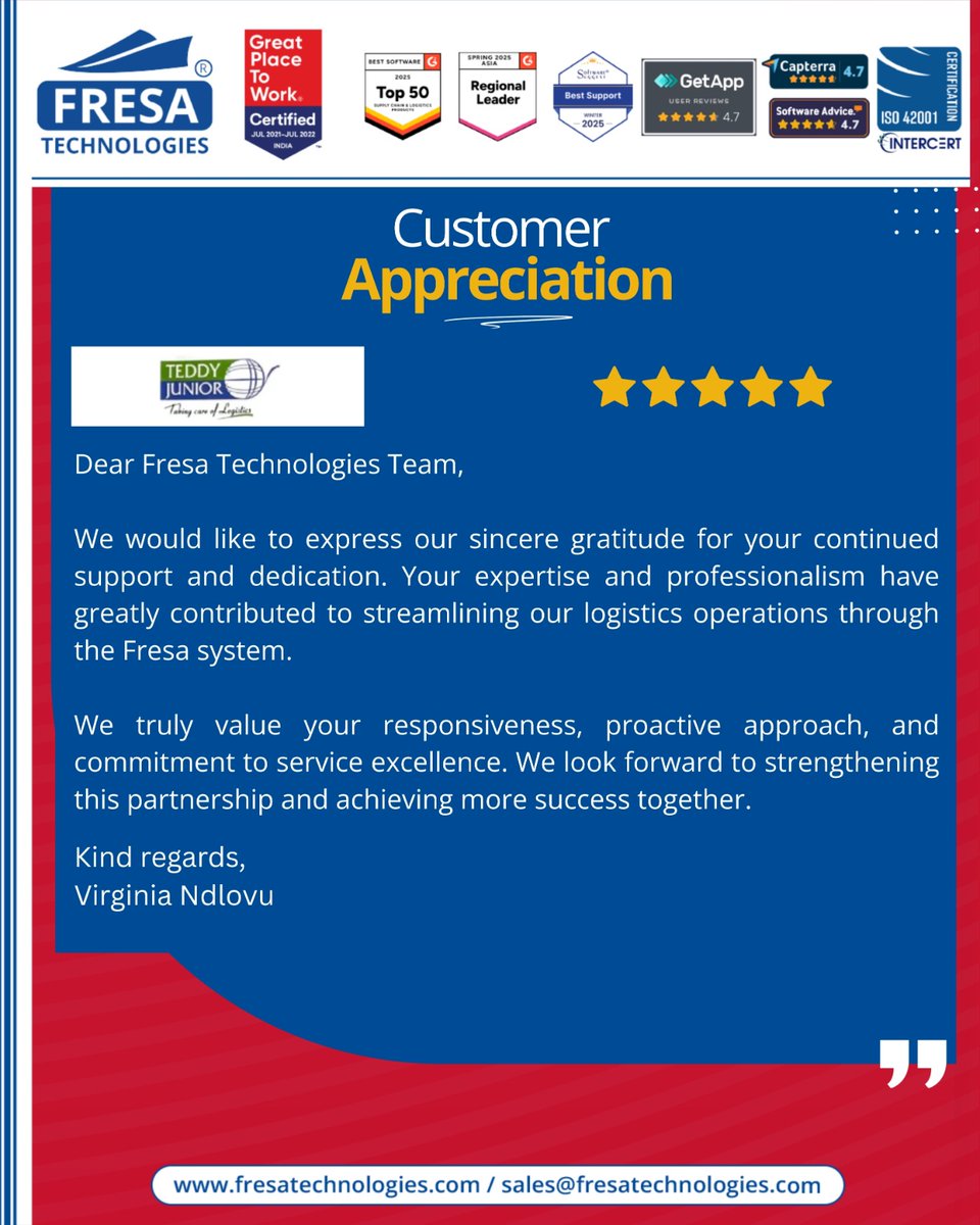 fresatechnology's tweet photo. We are deeply grateful to TEDDY JUNIOR  for their kind appreciation letter 

📢 Save the Date – April 25th 2026
We are excited to announce the Fresa Global AI Summit 2026 
 Register now: https://t.co/SvYwYWvywJ

#FresaTechnologies #CustomerSatisfaction #BestERPSoftware #aisummit https://t.co/UrDvqJwOlo
