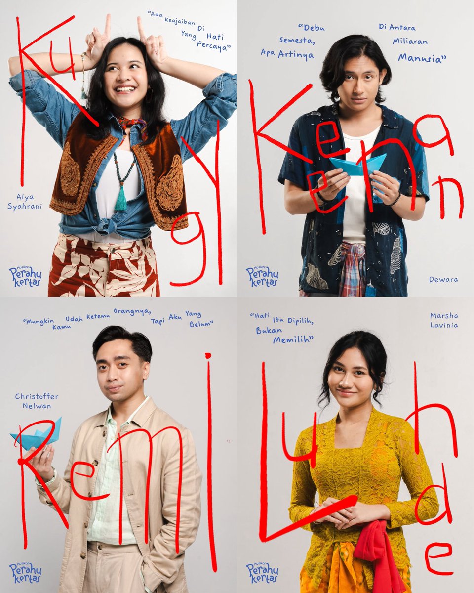 Musikal Perahu Kertas has revealed the cast of its main quartet, opening January 30 at Ciputra Artpreneur.

• Alya Syahrani as Kugy
• Dewara as Keenan
• Christoffer Nelwan as Remi
• Marsha Lavinia as Luhde