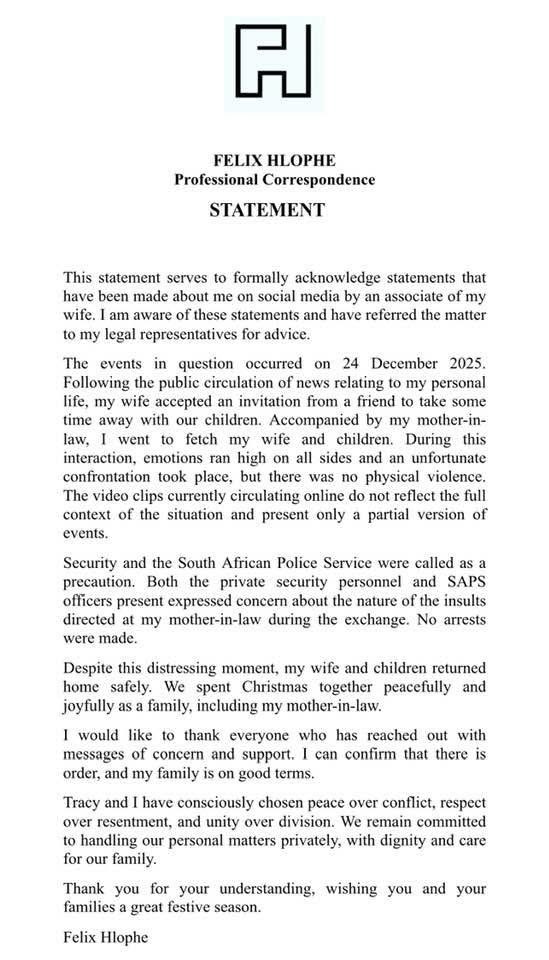 AdvoBarryRoux's tweet photo. Felix Hlophe’s statement after the incident on Christmas Eve where he became so aggressive that his wife Tracy fled with their kids to a neighbour’s house for safety. Felix followed her, hooting nonstop &amp; demanding access to the kids until neighbours eventually called the police https://t.co/YfZci4IXCi