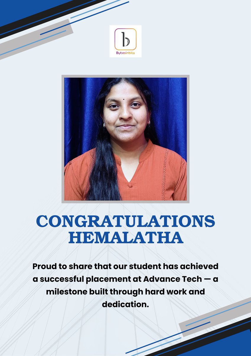 BytesinbitsI's tweet photo. 🌟 Congratulations!

We are proud to share that our student has successfully secured her placement.
Wishing her a bright and successful career ahead! ✨

#PlacementSuccess #BytesInBits #FutureEngineer #ProudMoment #SuccessStory #CareerGoa https://t.co/dfZUwUBSNz