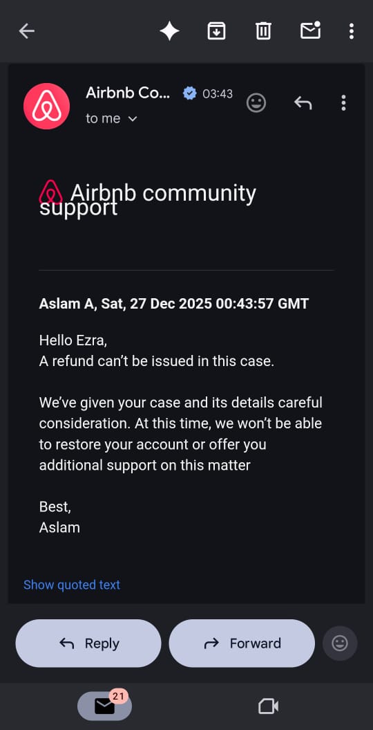 AkoloEzra's tweet photo. @AirbnbHelp I did a booking for one of your units, and the following morning, my account had been canceled  and an email sent to the same effect stating I will be refunded only for another email to be send stating I won't be refunded . This isnt right at all https://t.co/LxHnL5EXgV